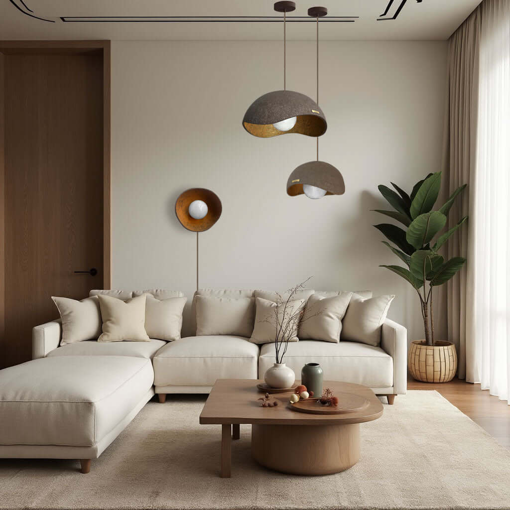 handcrafted lightweight concrete pendant lamp Sculptural ceiling light Lunar artistic lighting piece