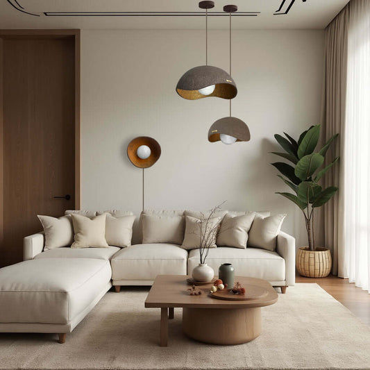 handcrafted lightweight concrete pendant lamp Sculptural ceiling light Lunar artistic lighting piece