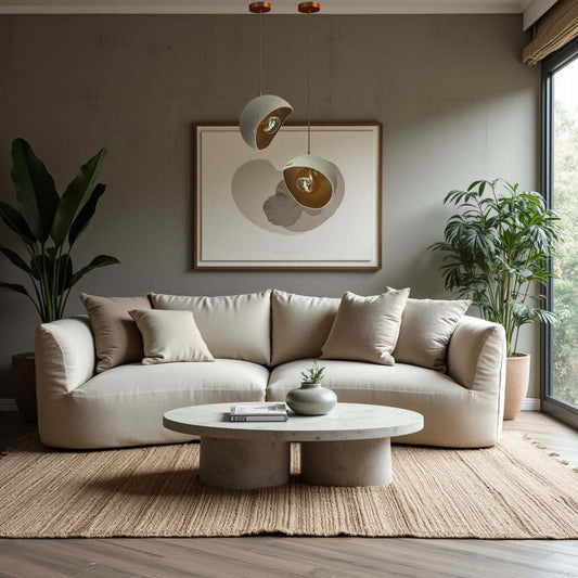 handcrafted lightweight concrete pendant lamp Sculptural ceiling light Lunar artistic lighting piece