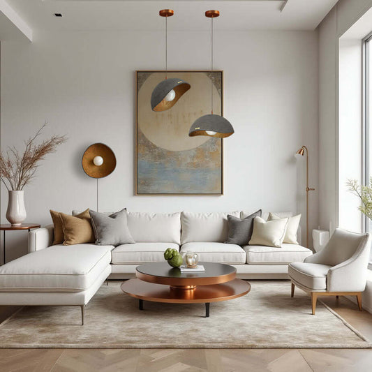 handcrafted lightweight concrete pendant lamp Sculptural ceiling light Lunar artistic lighting piece