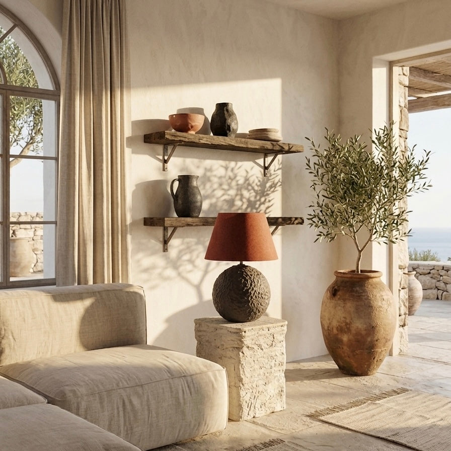 Orb 50 in Greige – Handcrafted Concrete Table Lamp with Wool Shade in Lobster Tone | Monolith Collection