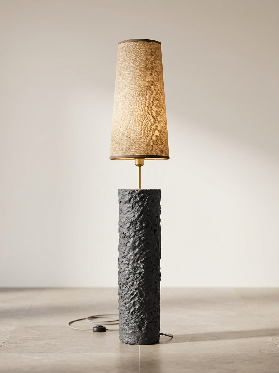 A modern table lamp with a textured dark gray cylindrical base and a tapered beige fabric shade, shown lit against a neutral studio background.