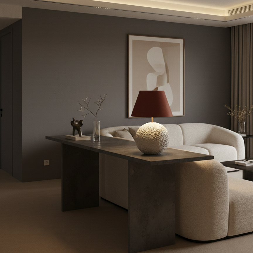 Orb 50 u boji stone – ručno modelirana betonska stolna lampa sa vunenim sjenilom | Monolith kolekcija