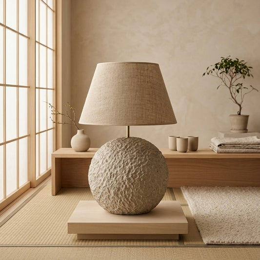 Decorative lamp with textured base in a room with large windows and minimal decor.