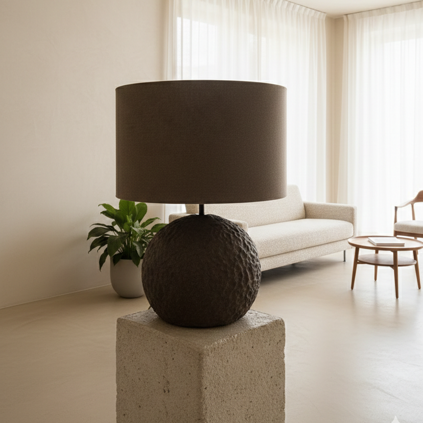 Orb 50 u grež boji – betonska stolna lampa sa smeđim sjenilom od vune | Monolith kolekcija