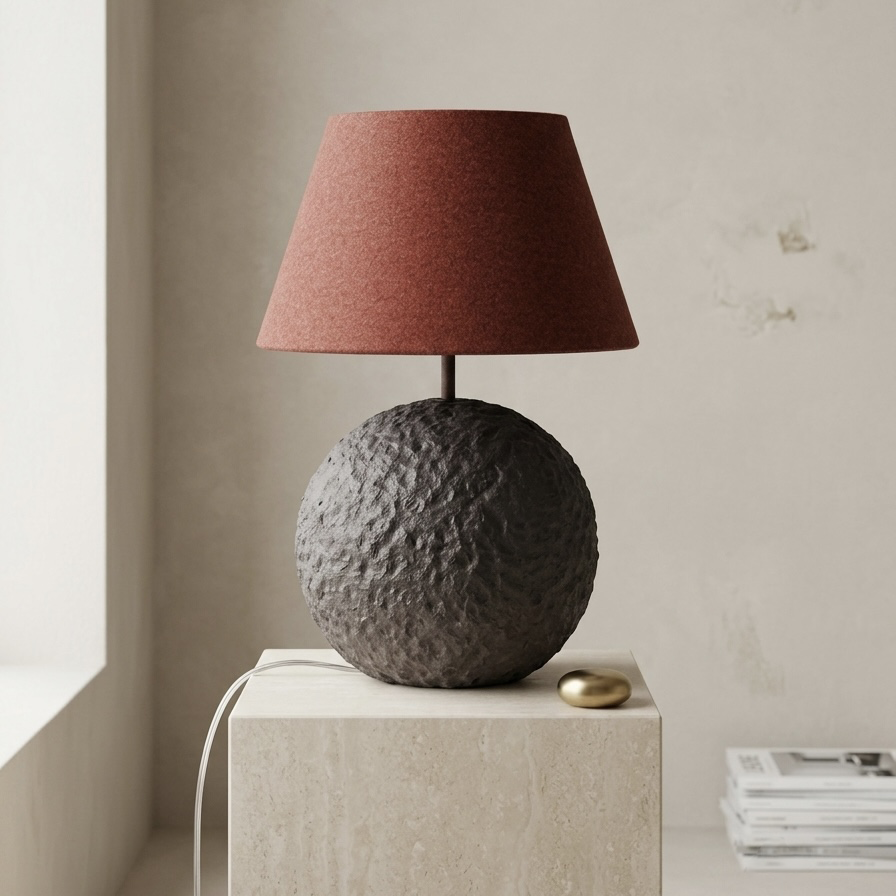 Orb 50 in Greige – Handcrafted Concrete Table Lamp with Wool Shade in Lobster Tone | Monolith Collection