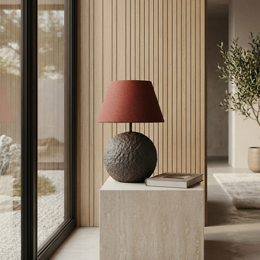Orb 50 in Greige – Handcrafted Concrete Table Lamp with Wool Shade in Lobster Tone | Monolith Collection