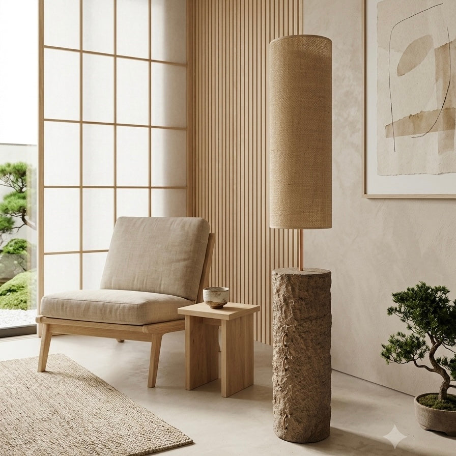 Pillar 125 in Greige –  Handcrafted Designer Concrete Floor Lamp with Jute Natural Shade | Monolith collection