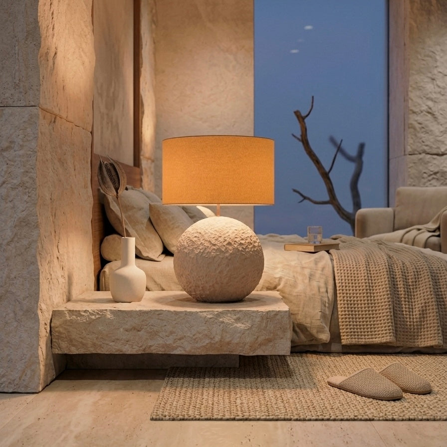 Orb 65 u boji stone – betonska podna ili stolna lampa sa smeđim sjenilom od vune | Monolith kolekcija