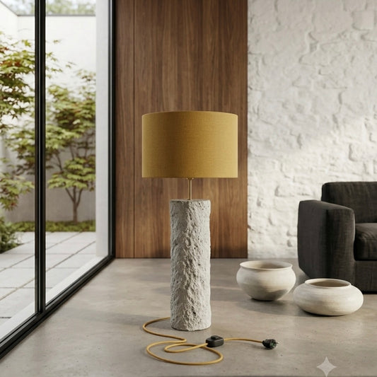 Pillar 80 in Stone –  Handcrafted Designer Concrete Floor Lamp with Mustard Wool Shade | Monolith collection