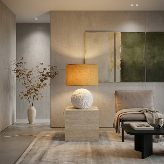 Orb 50 in White – Concrete Table Lamp with Mustard Wool Shade | Monolith Collection