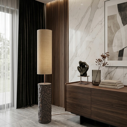 Pillar 125 in Greige –  Handcrafted Designer Concrete Floor Lamp with Jute Natural Shade | Monolith collection