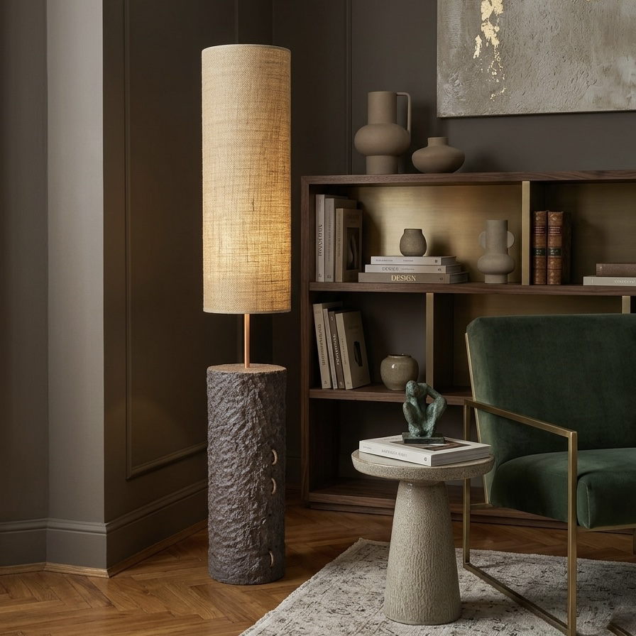 Pillar 125 u grež boji - ručno modelirana betonska podna lampa sa sjenilom od jute | Monolith kolekcija