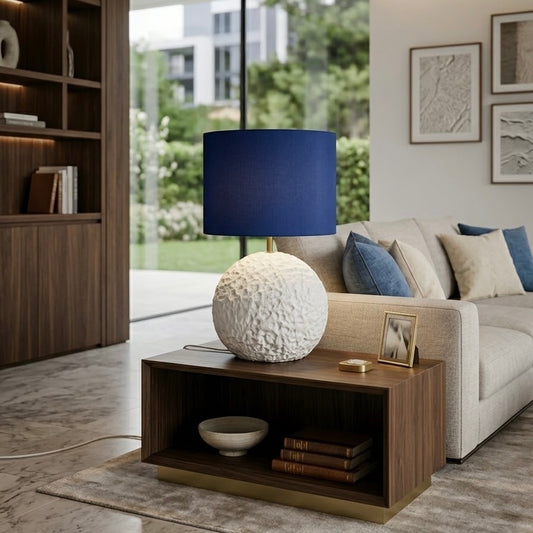 Orb 50 in White – Concrete Table Lamp with Blue Fabric Shade | Monolith Collection