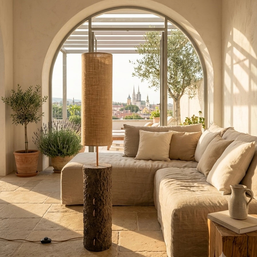 Pillar 125 in Greige –  Handcrafted Designer Concrete Floor Lamp with Jute Natural Shade | Monolith collection