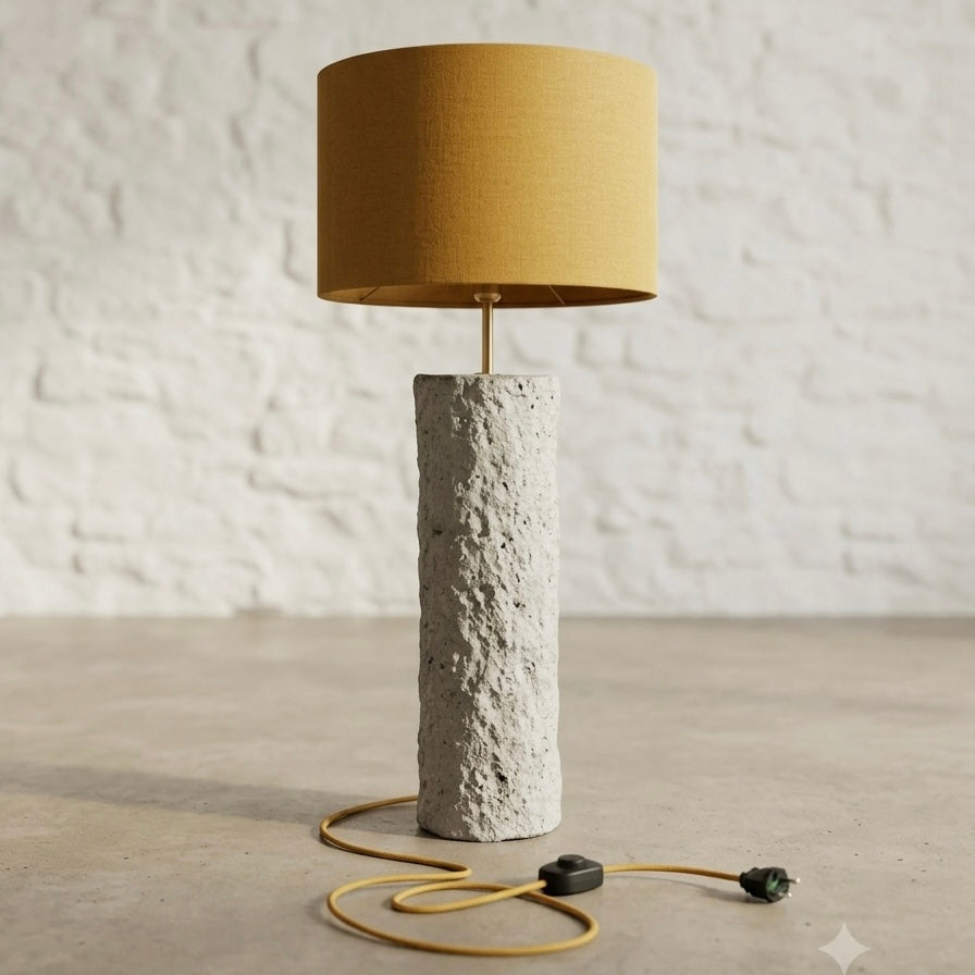 Pillar 80 in Stone –  Handcrafted Designer Concrete Floor Lamp with Mustard Wool Shade | Monolith collection