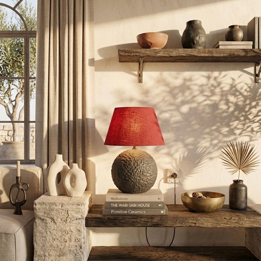 Orb 50 in Greige – Handcrafted Concrete Table Lamp with Wool Shade in Lobster Tone | Monolith Collection