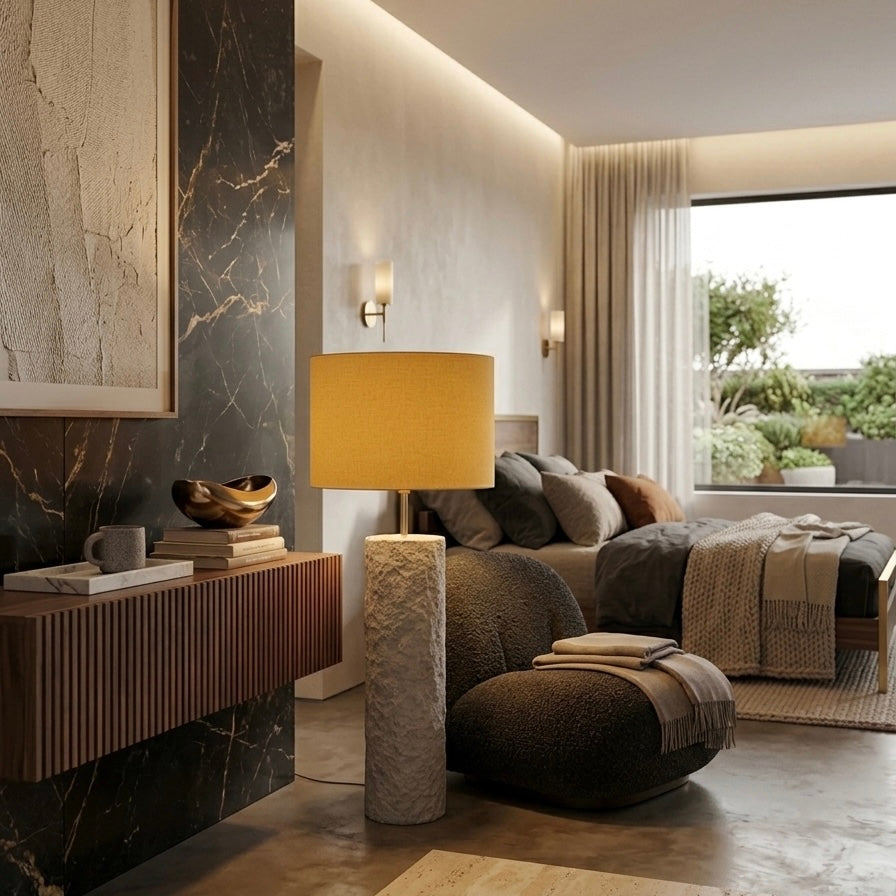 Pillar 80 in Stone –  Handcrafted Designer Concrete Floor Lamp with Mustard Wool Shade | Monolith collection