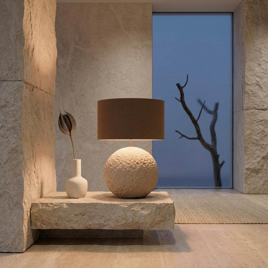 Orb 65 u boji stone – betonska podna ili stolna lampa sa smeđim sjenilom od vune | Monolith kolekcija