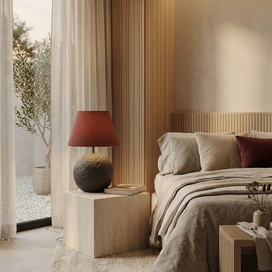 Orb 50 in Greige – Handcrafted Concrete Table Lamp with Wool Shade in Lobster Tone | Monolith Collection