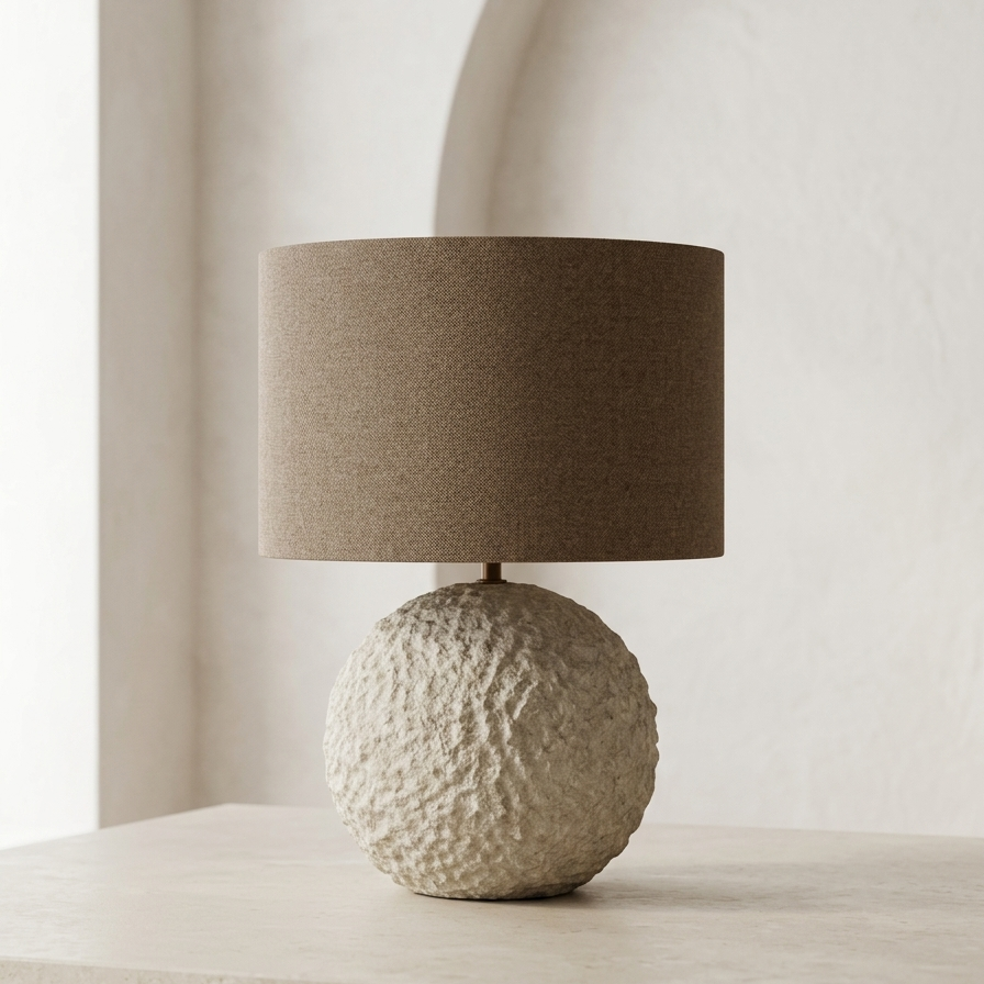 Orb 50 u boji stone – betonska stolna lampa sa smeđim sjenilom od vune | Monolith kolekcija