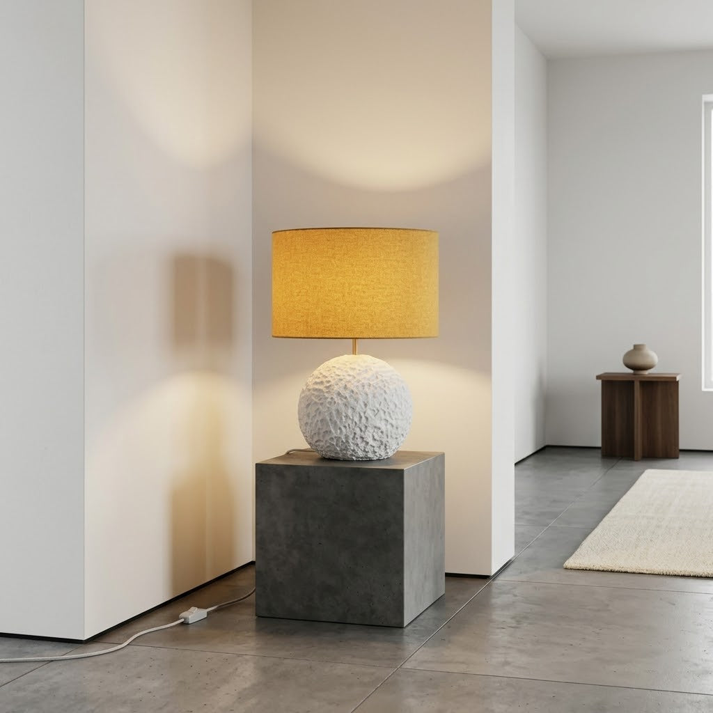 Orb 50 – bijela betonska stolna lampa s vunenim sjenilom | Monolith kolekcija