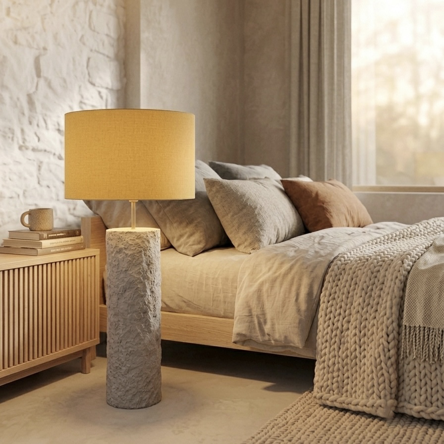 Pillar 80 u Stone nijansi – betonska podna lampa s vunenim sjenilom u boji senfa | Monolith kolekcija