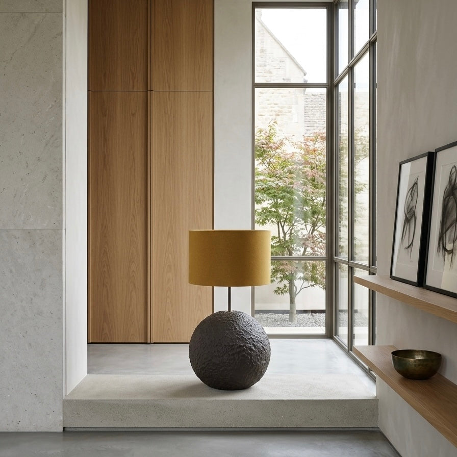 Orb 65 u grež boji – betonska podna ili stolna lampa s vunenim sjenilom | Monolith kolekcija