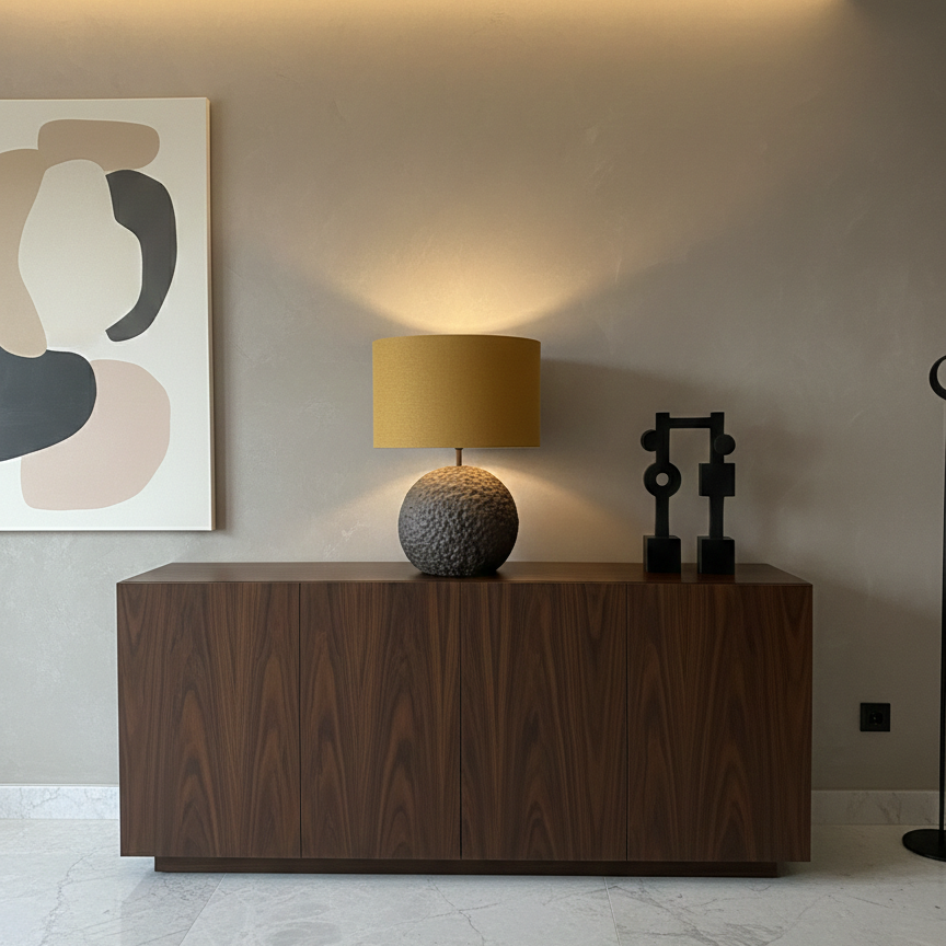 Orb 50 u grež boji – betonska stolna lampa s vunenim sjenilom u boji senfa | Monolith kolekcija