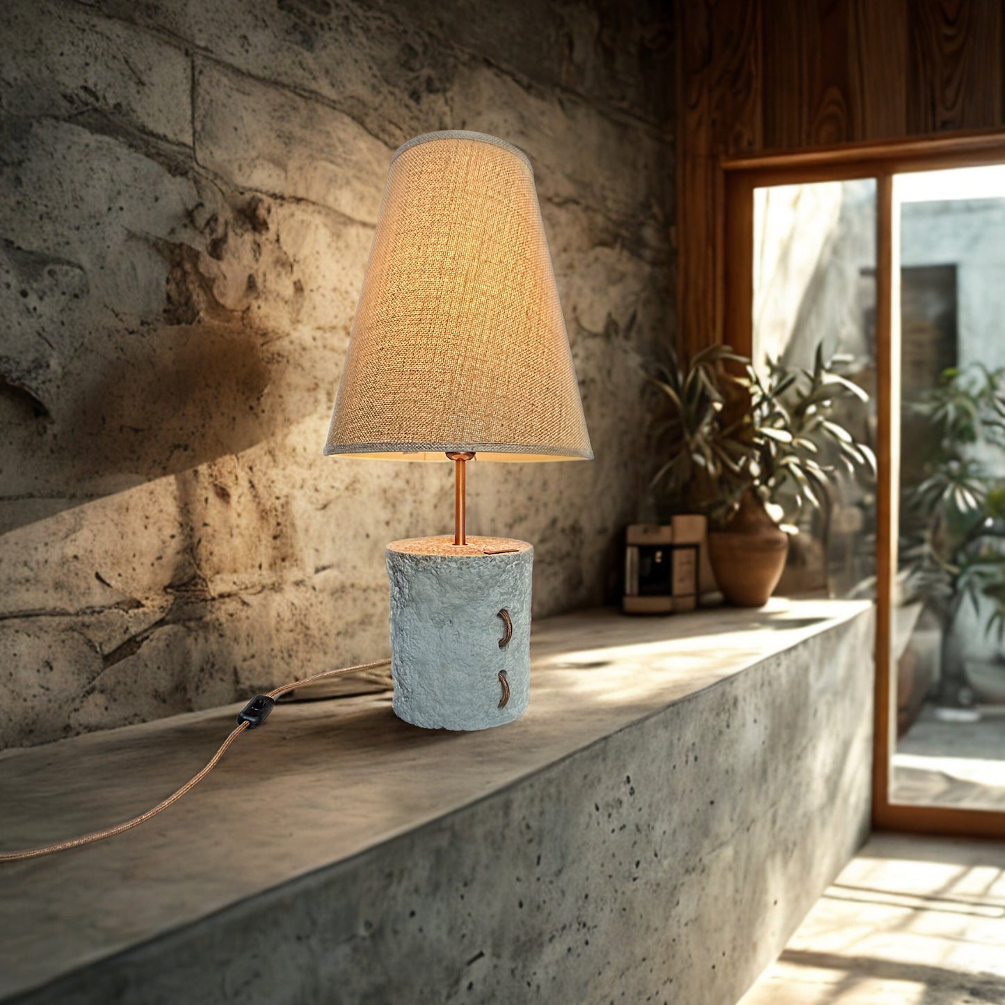 Pillar 60 u boji Stone – ručno modelirana dizajnerska betonska stolna lampa sa sjenilom od jute | Monolith kolekcija