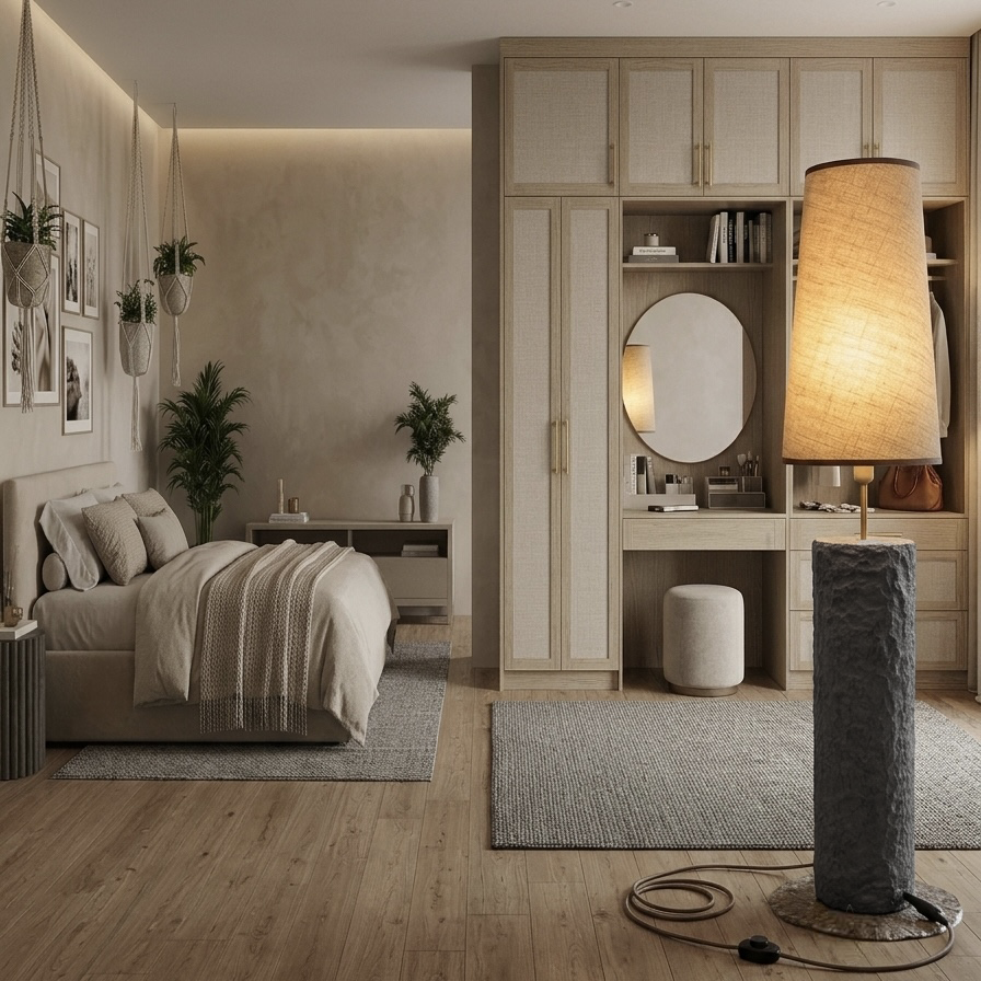 A styled bedroom interior with a bed, built-in wardrobe and vanity, plants, and a prominent floor lamp with a textured dark gray base and warm beige shade. The room has light wood flooring, neutral beige walls, and a cohesive warm neutral color palette.