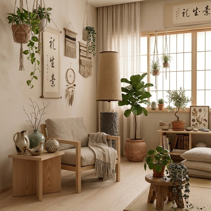 A cozy, minimalist living room styled in a warm bohemian aesthetic, featuring a light wood armchair with a beige throw blanket, a matching wooden side table, potted green plants, a woven floor lamp, and framed calligraphy art on the cream-colored walls.