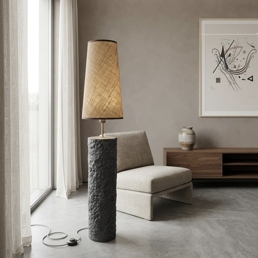 A modern floor lamp with a textured dark gray cylindrical base and a beige woven drum shade, styled in a minimalist living room next to a window.