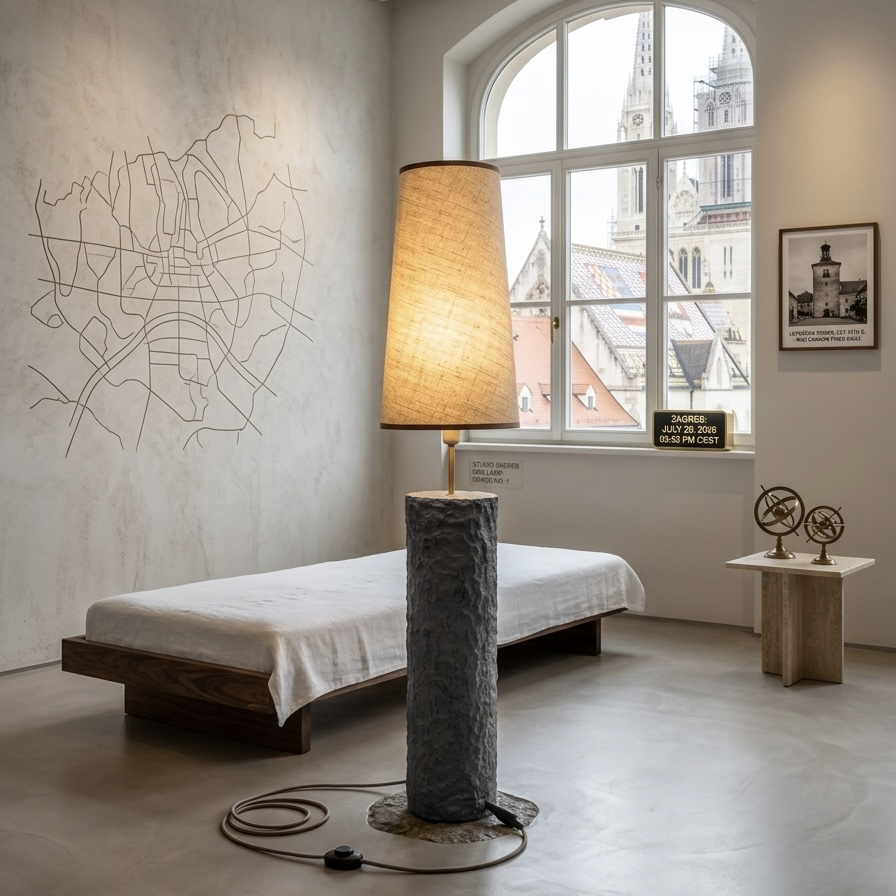 A modern floor lamp with a textured gray cylindrical base and a tall glowing beige fabric shade stands in a minimalist bedroom. The room features a low wooden bed with white bedding, a textured plaster wall with a black line-art map, and a large arched window looking out onto a cityscape.