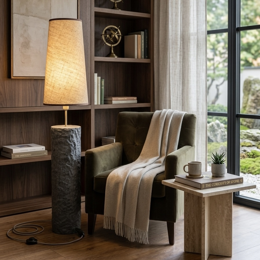 A styled interior scene with a tall floor lamp featuring a textured dark gray stone base and a beige fabric drum shade, next to a green armchair draped with a cream throw blanket. A light wood side table holds books and a small potted succulent, with a large window showing a garden view in the background.