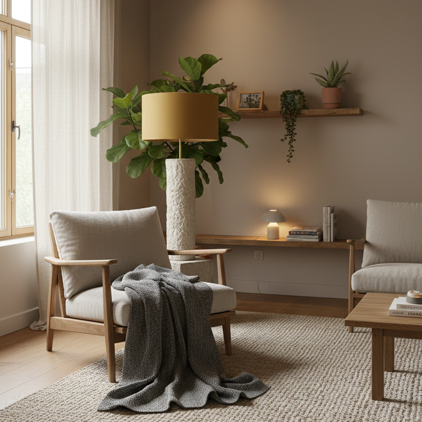 Handcrafted concrete floor lamp with mustard wool lampshade
