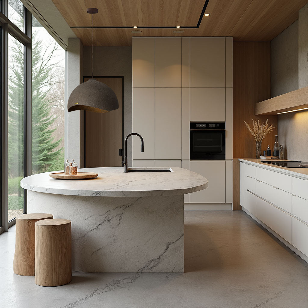 Modern kitchen with marble island and wooden stools and handcrafted concrete pendant lamp kutnakvadrat
