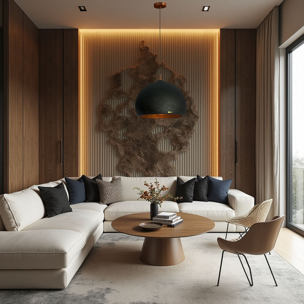 Concrete pendant lamp Modern living room with a sectional sofa, coffee table, and decorative wall art.