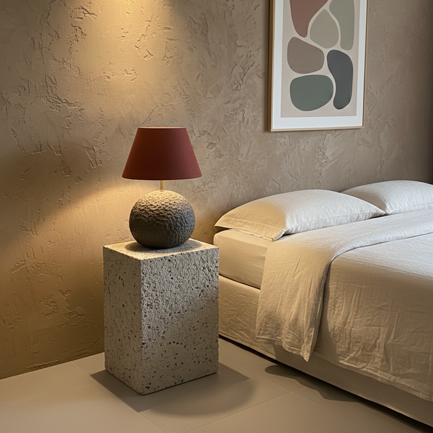 Modern bedroom with textured wall, bed, and decorative lamp.
