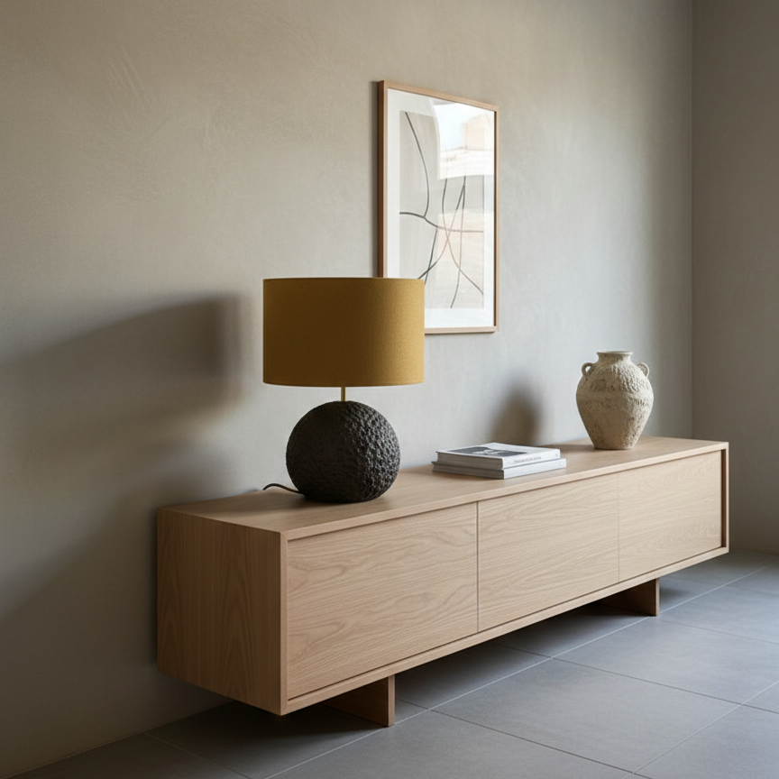 Modern concrete table lamp Orb 50 grey with mustard wool shade
