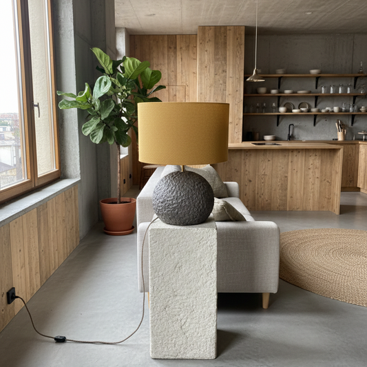 Orb 50 handcrafted concrete table lamp grey base mustard wool shade
