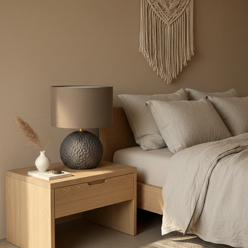 Boho interior with Orb 50 grey concrete table lamp
