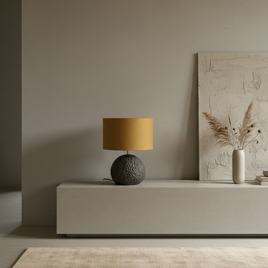 Architectural concrete table lamp with spherical base and mustard wool shade
