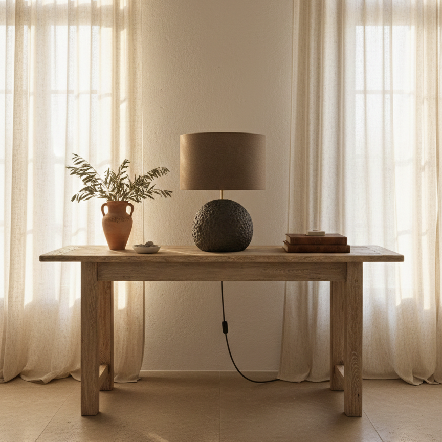 Architectural concrete table lamp with spherical base and brown wool shade
