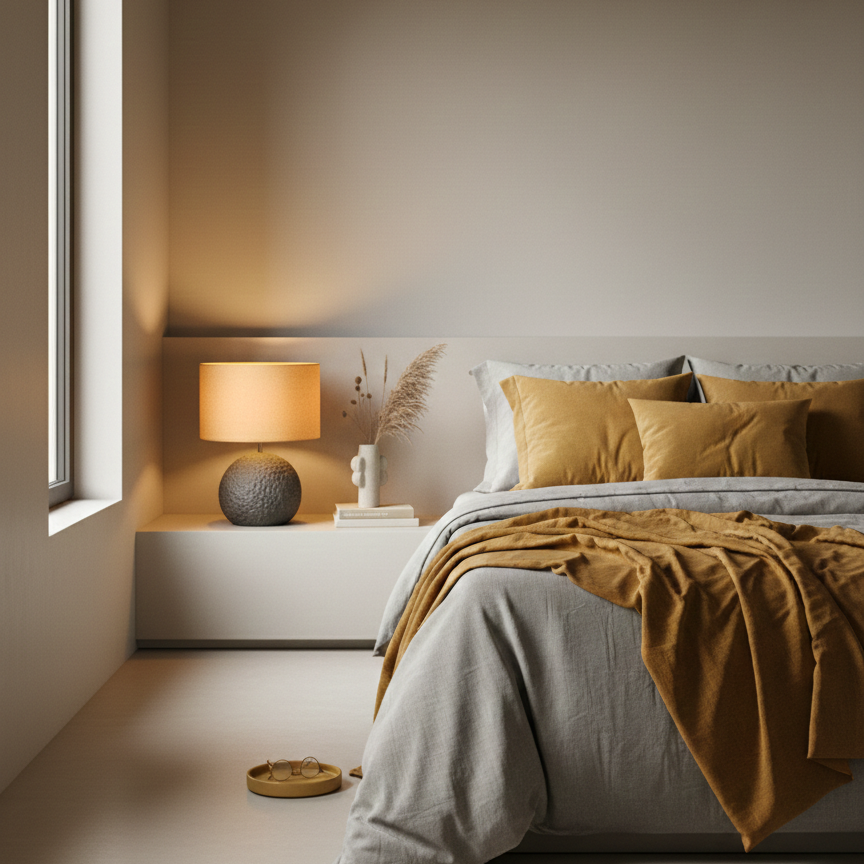 Architectural concrete table lamp with spherical base and mustard wool shade
