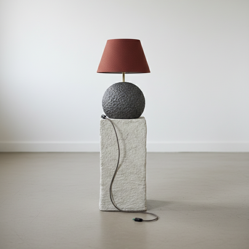 Floor lamp with a textured gray base and red shade on a plain floor.