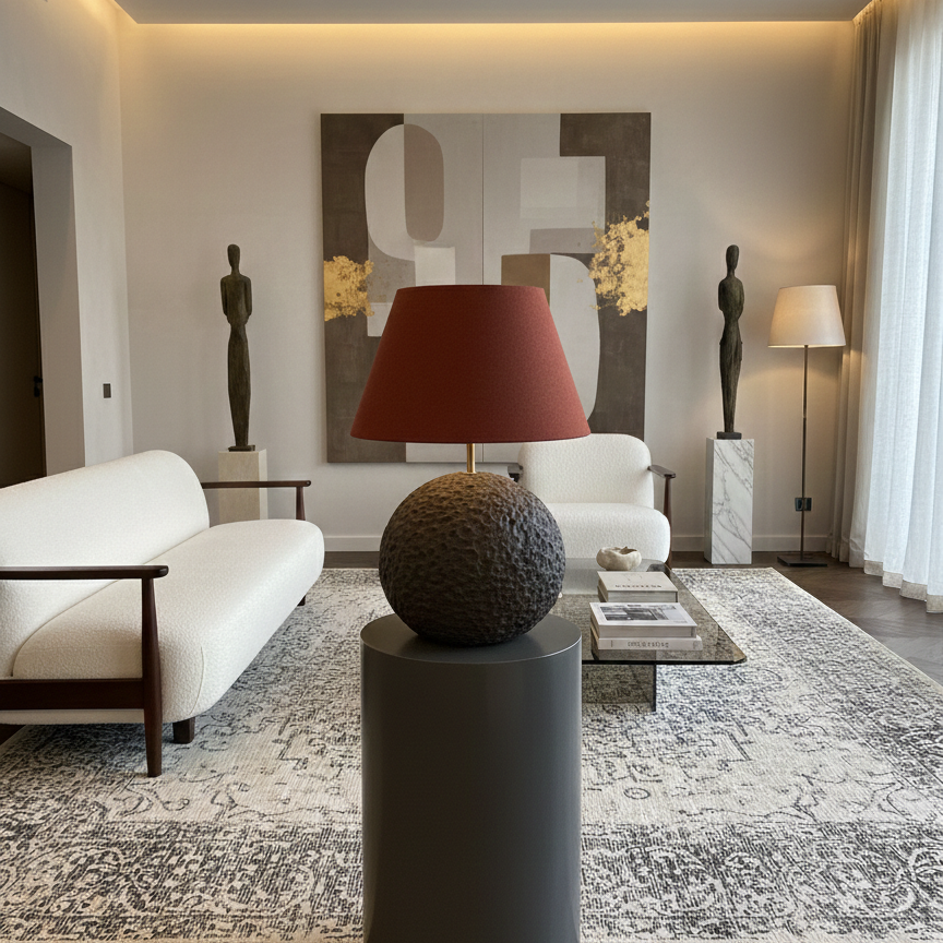 Modern living room with a lamp on a pedestal, white sofa, and abstract art on the wall.