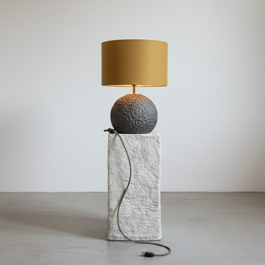 Orb 50 grey concrete table lamp with mustard wool shade – Monolith collection