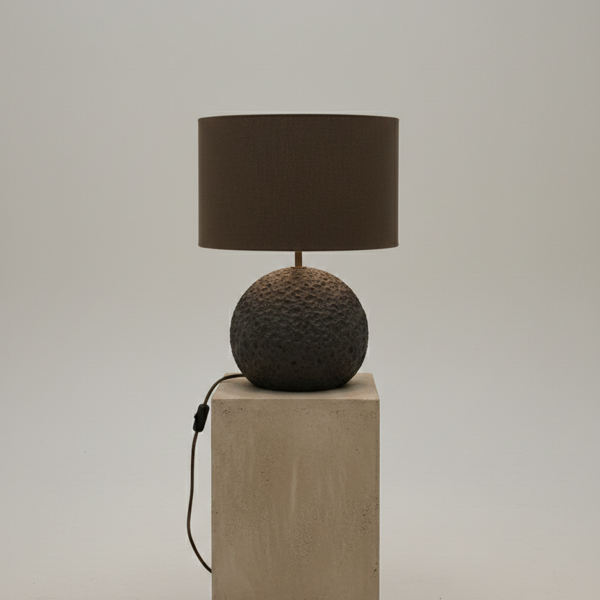 Orb 50 handcrafted concrete table lamp grey base brown wool shade
