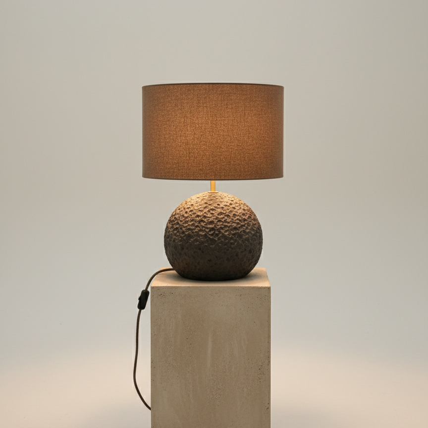Orb 50 grey concrete table lamp with brown wool shade – Monolith collection
